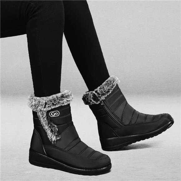 Women's Winter Snow Boots: Warm Fur Lined Zipper Ankle Booties, Black - Picture 2 of 6